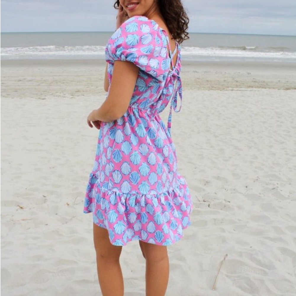 Simply Southern Pink and Blue Shell Print Tieback Dress